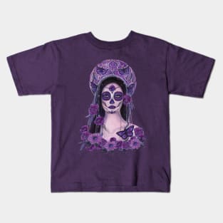 Day of the dead purple roses and butterflies art by Renee Lavoie Kids T-Shirt